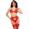 Chilirose – Cr 4848 ensemble soutien-gorge + string + bas en dentelle rouge – Lingerie sexy