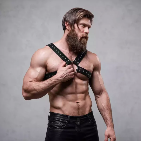 Fetish Submissive – Harnais de poitrine croisé en éco-cuir pour hommes avec clous – vue 3 – Lingerie homme