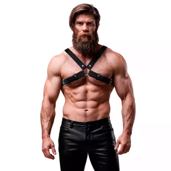 Fetish Submissive – Harnais de poitrine réglable en éco-cuir pour hommes avec croix bulldog – Lingerie homme