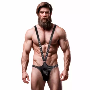 Fetish Submissive – Harnais en cuir écologique en forme de v pour hommes – Lingerie homme
