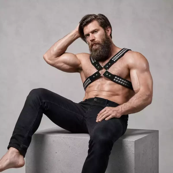 Fetish Submissive – Harnais en cuir écologique pour hommes poitrine croisée avec rivets – vue 4 – Lingerie homme