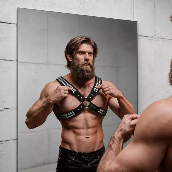 Fetish Submissive – Harnais en cuir écologique pour hommes poitrine croisée avec rivets – vue 5 – Lingerie homme