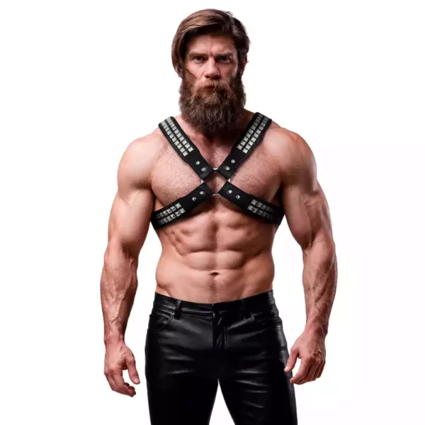 Fetish Submissive – Harnais en cuir écologique pour hommes poitrine croisée avec rivets – Lingerie homme