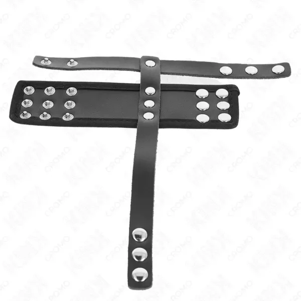 Kink – Anneau de cage à pénis en cuir avec sangle réglable de séparation des balles revêtueuse – vue 4 – BDSM & fétichisme