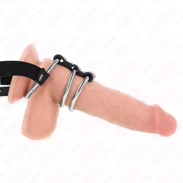 Kink – Anneau pénis triple métal 3,8 cm à 5 cm avec ceinture en cuir 112 cm – vue 3 – BDSM & fétichisme