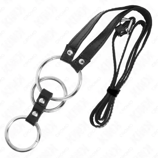 Kink – Anneau pénis triple métal 3,8 cm à 5 cm avec ceinture en cuir 112 cm – vue 4 – BDSM & fétichisme