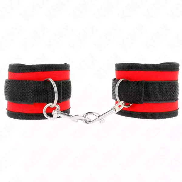 Kink – Appareils-poignets à crochet et boucle en nylon rouge-noir modèle 2 réglable 18-35 cm x 6 cm – vue 2 – BDSM & fétichisme