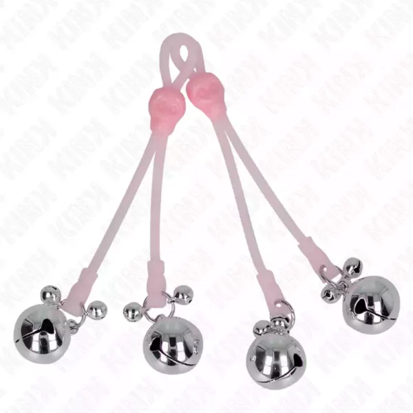 Kink – Pinces à télépin lumineuses crâne avec anneau cloches réglables rose / argent – vue 2 – BDSM & fétichisme