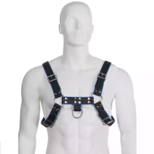 Leather Body – Harnais en cuir bleu et noir poitrine bulldog – Lingerie homme