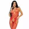 Leg Avenue – Bodystocking jarretelles en filet taille unique - rouge – Lingerie sexy