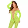 Leg Avenue – Bodystocking sans fourche en dentelle serpent exotique vert fluo – Lingerie sexy