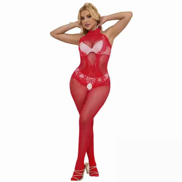Subblime – 952372 bodystocking résille et dentelle sans fourrure col montant rouge – vue 3 Subblime – 952372 bodystocking résille et dentelle sans fourrure col montant rouge – vue 3 – Lingerie sexy